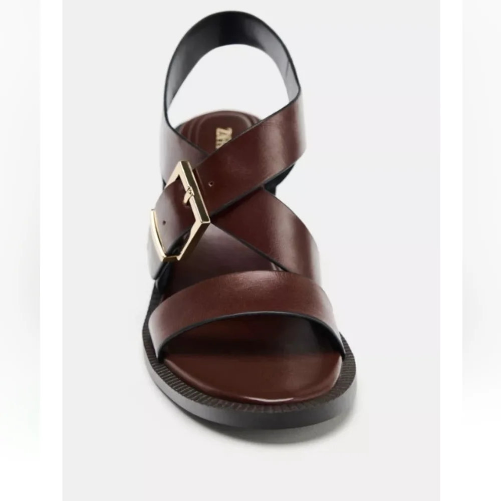 Zara Brown Leather Buckled Heeled Sandals Sz-11